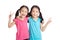 Happy Asian twins girls smile show victory sign