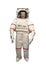 Happy Asian woman with big smile in white astronaut suit and astronaut helmet dreaming to be spacewoman isolate on white