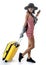 Happy Asian woman girl with suitcase and passport over white wall