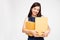 Happy Asian woman holding package parcel box,