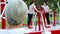 Happy asian women,mother and daughter enjoying,exercising with exercise machine in a public park,playing to good healthy,child gir