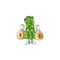 Happy asparagus cartoon character with two money bags