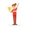 Happy athletes girl in red sports uniform holding winner cup, kid celebrating her victory cartoon vector Illustration