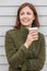 Happy Attractive Middle Aged Woman Smiling Drinking Coffee