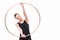 Happy attractive rhythmic gymnast in black leotard holding hoop