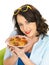 Happy Attractive Young Woman Holding a Plate of Spaghetti Meatballs