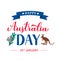 Happy Australia day calligraphy hand lettering with cute cartoon koalas and kangaroo isolated on white. Vector template for banner