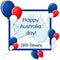 Happy Australia Day greeting card with blue, red and white balloons, frame, Australia map globe