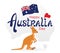Happy Australia Day Greeting card. Festive banner with cartoon kangaroo and Flag of Australia.