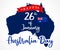 Happy Australia Day lettering and flag on map, greeting card
