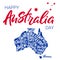 Happy Australia day lettering. Silhouette of the map of Australia with hand-written names of states