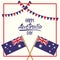 Happy australia day poster with crossed flags australia over red frame with festoons on white background