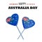 Happy Australia day poster. Two watercolor hearts with Australi