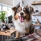 happy Australian Shepherd dog doing Haircut of with hair scissors from a grooming salon by AI generated