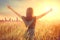 Happy autumn woman raising hands over sunset sky, enjoying life and nature. Beauty female on field looking on sun