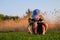 Happy baby boy sitting in grass on the fieald at sunny summer evening. Child outdoors with wind wheel on the river bank