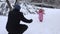 Happy baby child walk toward father on snow in winter season. 4K