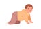 Happy baby crawling. Cute little child moving on his hands and knees. Joyful smiling kid. Portrait of adorable lovely