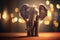 Happy baby elephant holding toasted wine glass in party and golden bokeh light background. Animal and wildlife concept. Digital