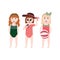 Happy baby girls in fashionable swimsuit - little mermaid, watermelon swimwear and cute diva. Summer coctail party looks