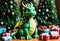 Happy baby green dragon with Christmas present. Generative AI