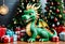 Happy baby green dragon with Christmas present. Generative AI