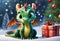 Happy baby green dragon is holding Christmas present. Generative AI