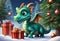 Happy baby green dragon is holding Christmas present. Generative AI