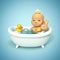 Happy baby taking a bath playing with rubber duck. Little child in a bathtub. Infant washing and bathing. Hygiene and care for