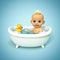 Happy baby taking a bath playing with rubber duck. Little child in a bathtub. Infant washing and bathing. Hygiene and care for