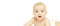 Happy baby toddler. Youth people lying at home. White small child head. Newborn smile