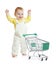 Happy baby walking with shopping cart