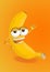 Happy banana cartoon character waving hand on an orange background