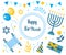 Happy bar mitzvah set. Collection of design elements for Jewish holiday birthday with menorah, torah, balloons, gifts