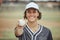 Happy baseball player, smile on face and portrait of proud smiling young man in baseball uniform with ball in hand