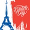 Happy Bastille Day, 14th of July brush stroke holiday greeting card in colors of the national flag of France with Eiffel tower.