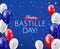 Happy Bastille day. Greeting card or banner design for French National Day with air balloons and confetti on blue background