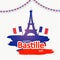 Happy Bastille Day with shiny Eiffel and flags, poster or banner