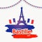 Happy Bastille Day with shiny Eiffel Tower and flags, poster or banner