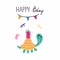 Happy bday. Birthday postcard in primitive minimalist style, cute turtle with festive presents and gifts, kids greeting or