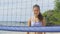 Happy beach volleyball woman player