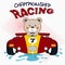 Happy bear driving red sport car. Vector illustration