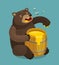 Happy bear eats out of keg of sweet honey. Cartoon vector illustration