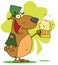 Happy bear in green, drinking beer