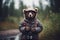 happy bear wearing travel clothes on vacation, created with Generative AI technology