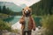 happy bear wearing travel clothes on vacation, created with Generative AI technology