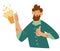 Happy Bearded Man with Mug of Beer. Making Celebratory Toast. Guy holding beer drink and having fun. Vector Illustration for bars