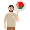 Happy bearded man says or thinks about the country Belarus, European country icon, traveler or tourist