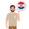 Happy bearded man says or thinks about the country of Croatia, European country icon, traveler or tourist