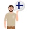 Happy bearded man says or thinks about the country of Finland, European country icon, traveler or tourist
